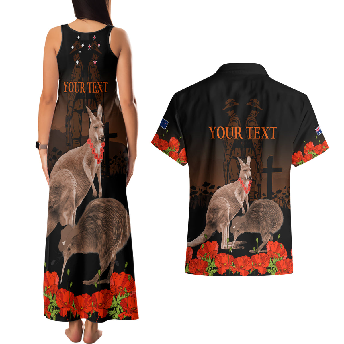 Kangaroo and Kiwi Bird ANZAC Day Custom Couples Matching Tank Maxi Dress and Hawaiian Shirt Soldier Style LT9 - Polynesian Pride
