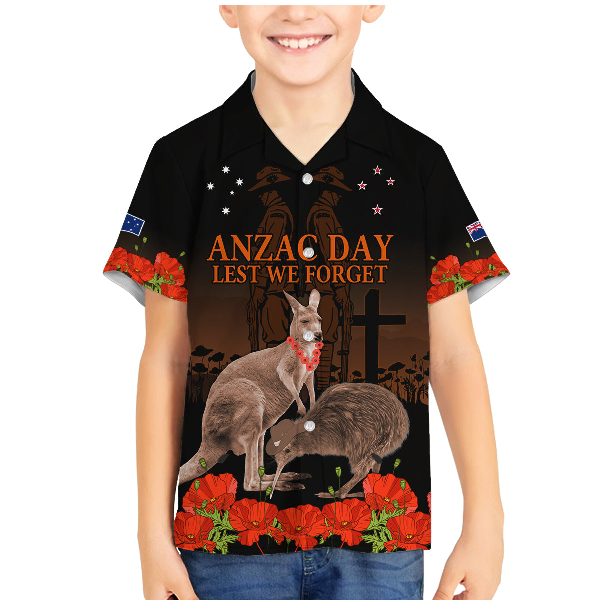 Kangaroo and Kiwi Bird ANZAC Day Custom Family Matching Mermaid Dress and Hawaiian Shirt Soldier Style LT9 Son's Shirt Black - Polynesian Pride