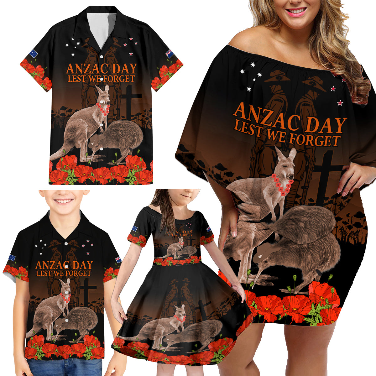 Kangaroo and Kiwi Bird ANZAC Day Custom Family Matching Off Shoulder Short Dress and Hawaiian Shirt Soldier Style LT9 - Polynesian Pride