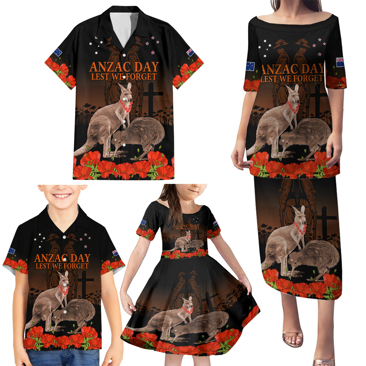 Kangaroo and Kiwi Bird ANZAC Day Custom Family Matching Puletasi and Hawaiian Shirt Soldier Style LT9 - Polynesian Pride