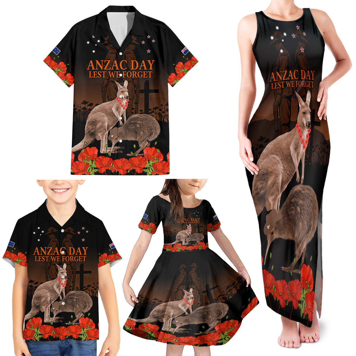 Kangaroo and Kiwi Bird ANZAC Day Custom Family Matching Tank Maxi Dress and Hawaiian Shirt Soldier Style LT9 - Polynesian Pride