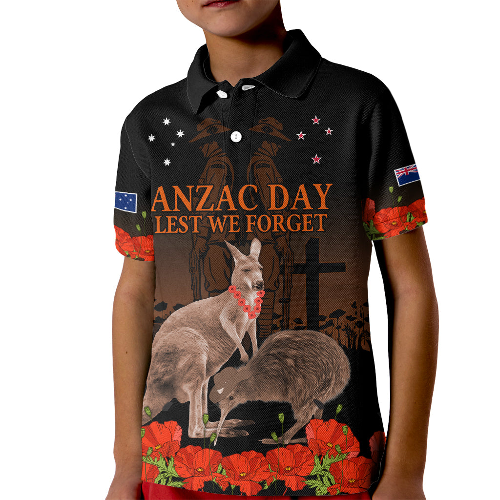 Kangaroo and Kiwi Bird ANZAC Day Custom Kid Polo Shirt Soldier Style LT9 Kid Black - Polynesian Pride