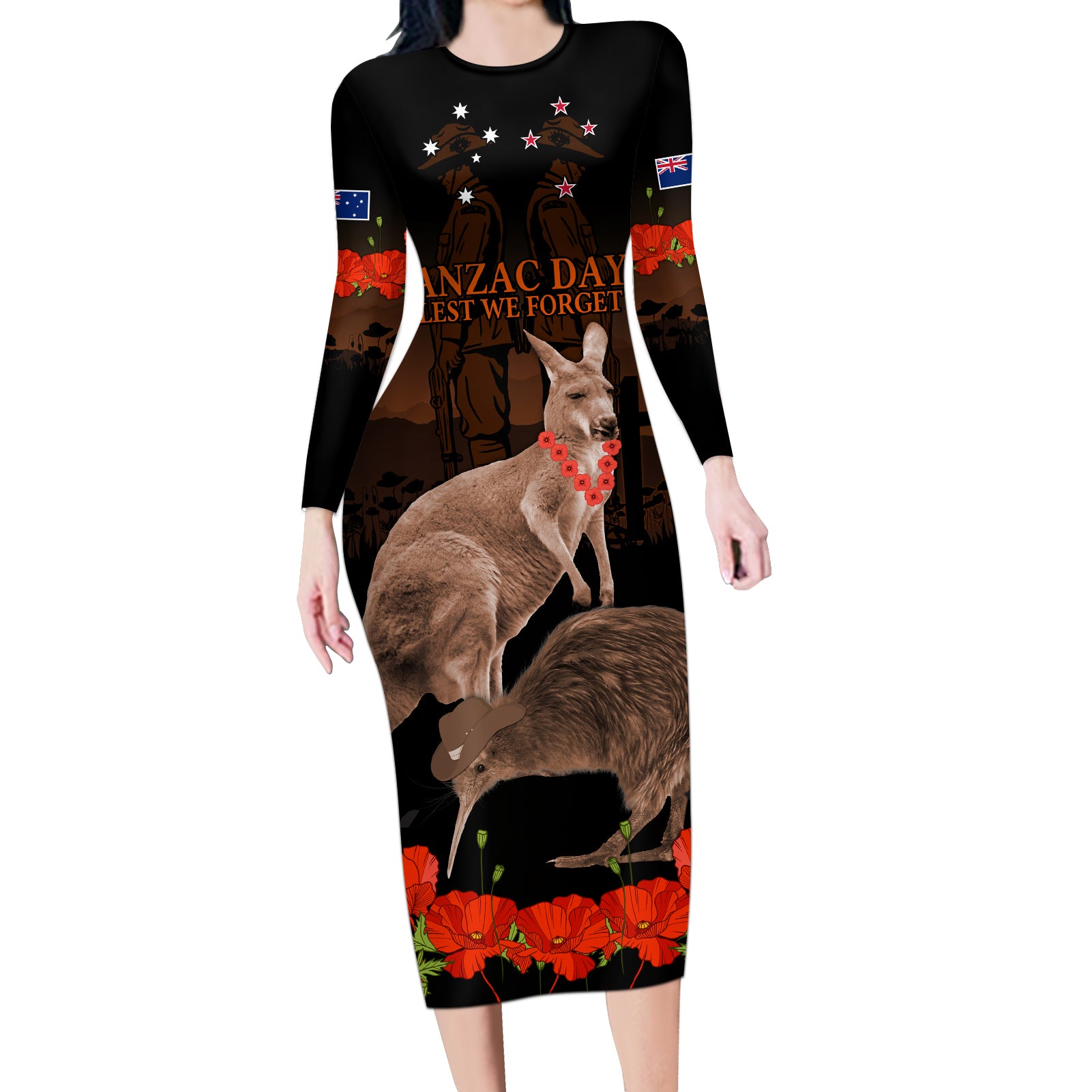 Kangaroo and Kiwi Bird ANZAC Day Custom Long Sleeve Bodycon Dress Soldier Style LT9 Long Dress Black - Polynesian Pride