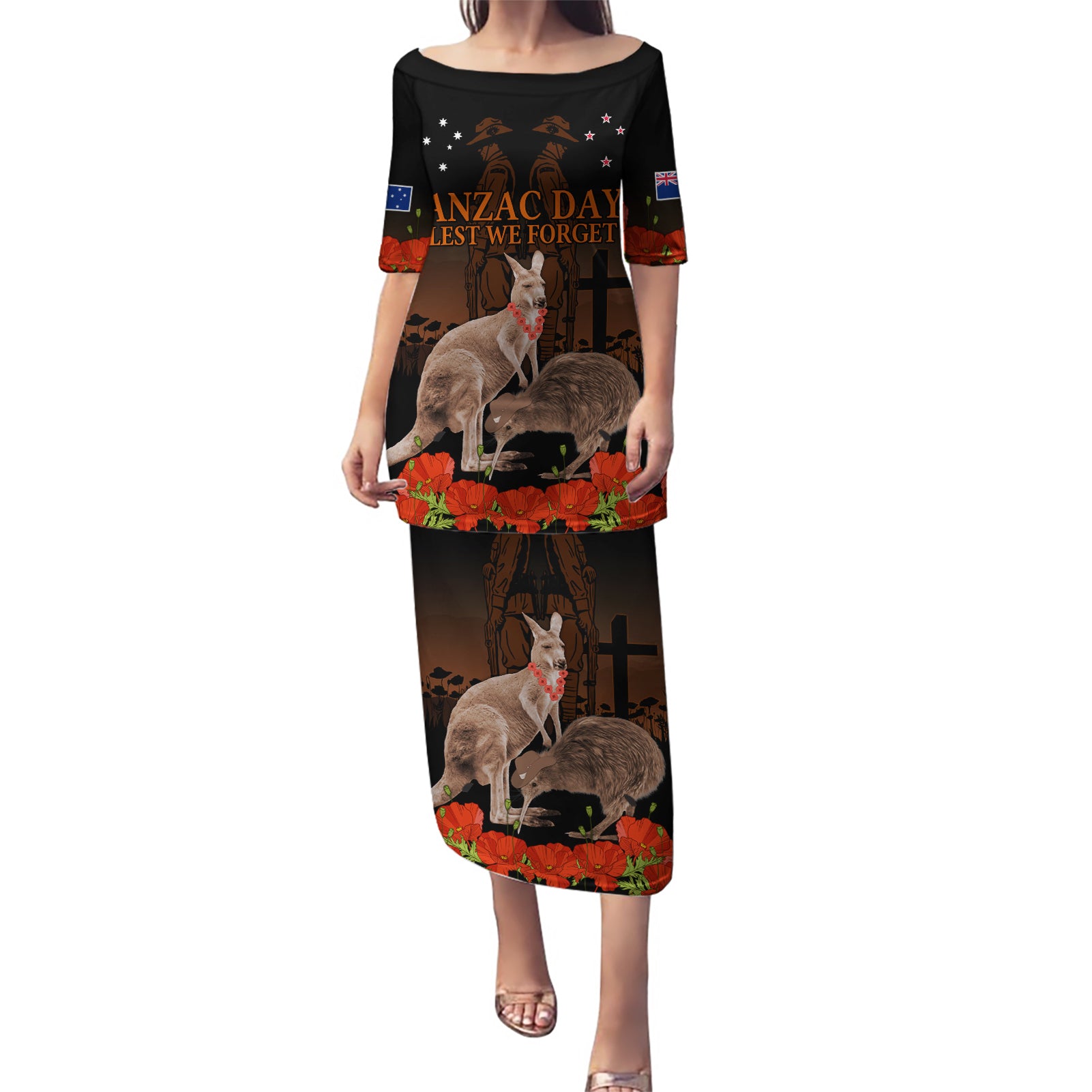 Kangaroo and Kiwi Bird ANZAC Day Custom Puletasi Soldier Style LT9 Long Dress Black - Polynesian Pride