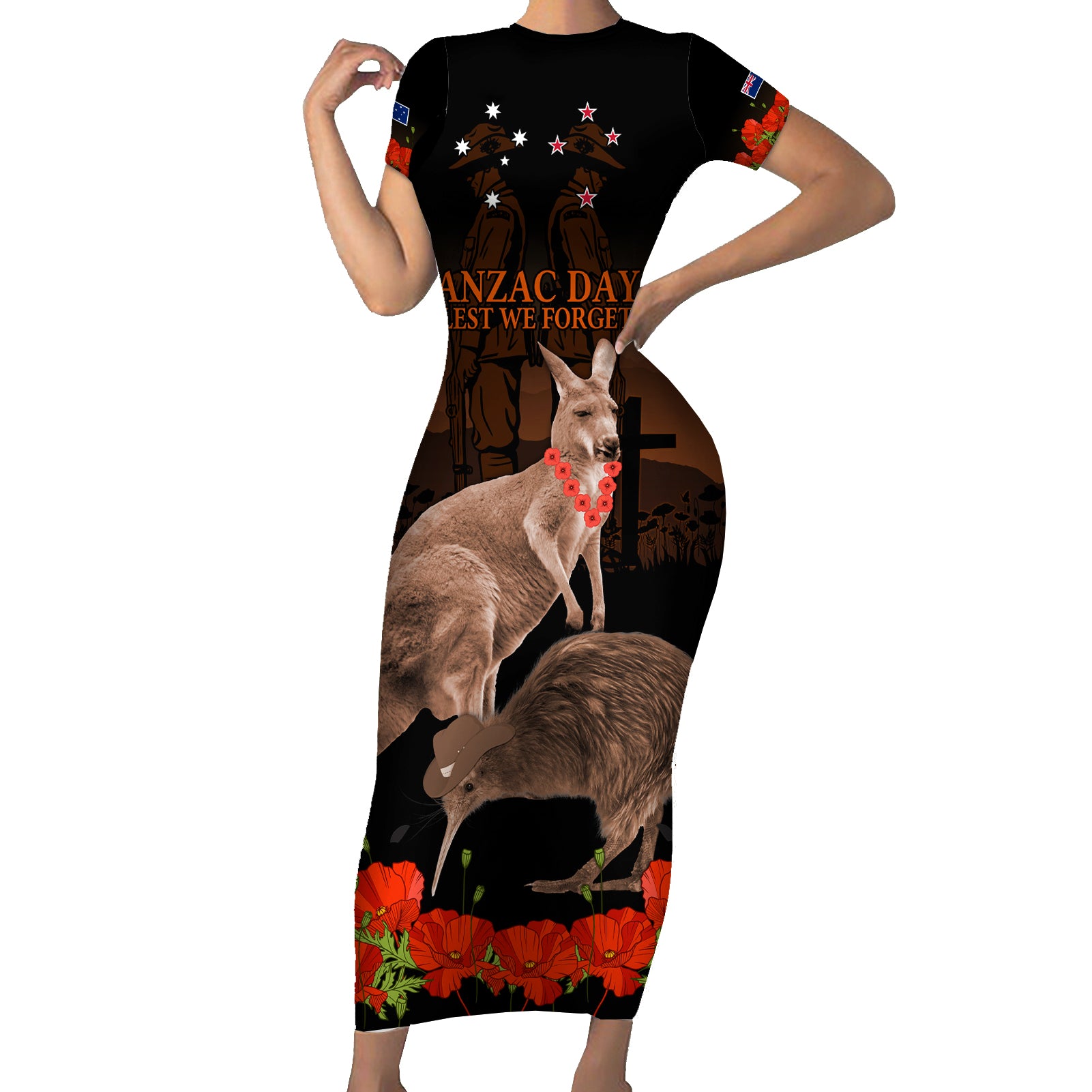 Kangaroo and Kiwi Bird ANZAC Day Custom Short Sleeve Bodycon Dress Soldier Style LT9 Long Dress Black - Polynesian Pride