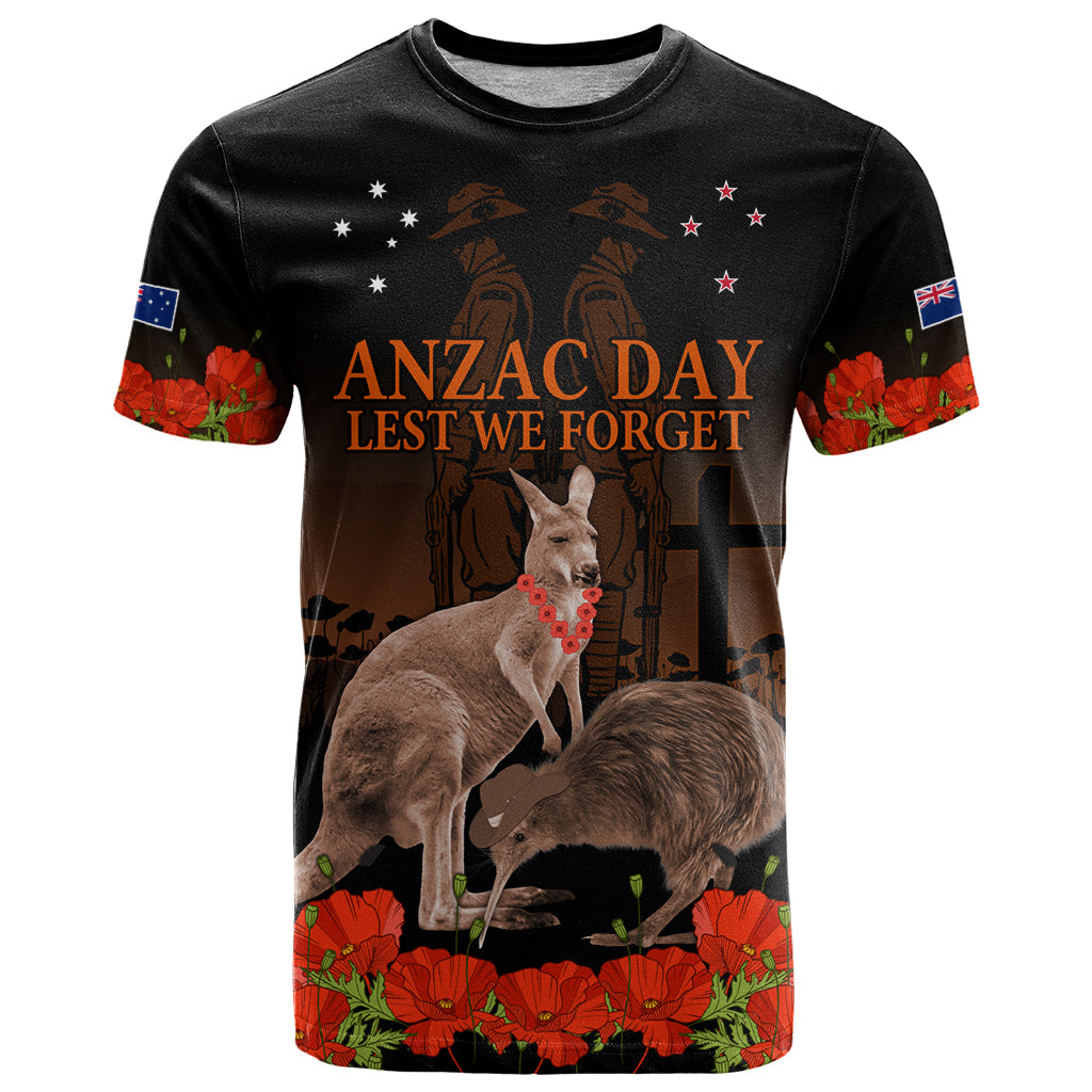 Kangaroo and Kiwi Bird ANZAC Day Custom T Shirt Soldier Style LT9 Black - Polynesian Pride