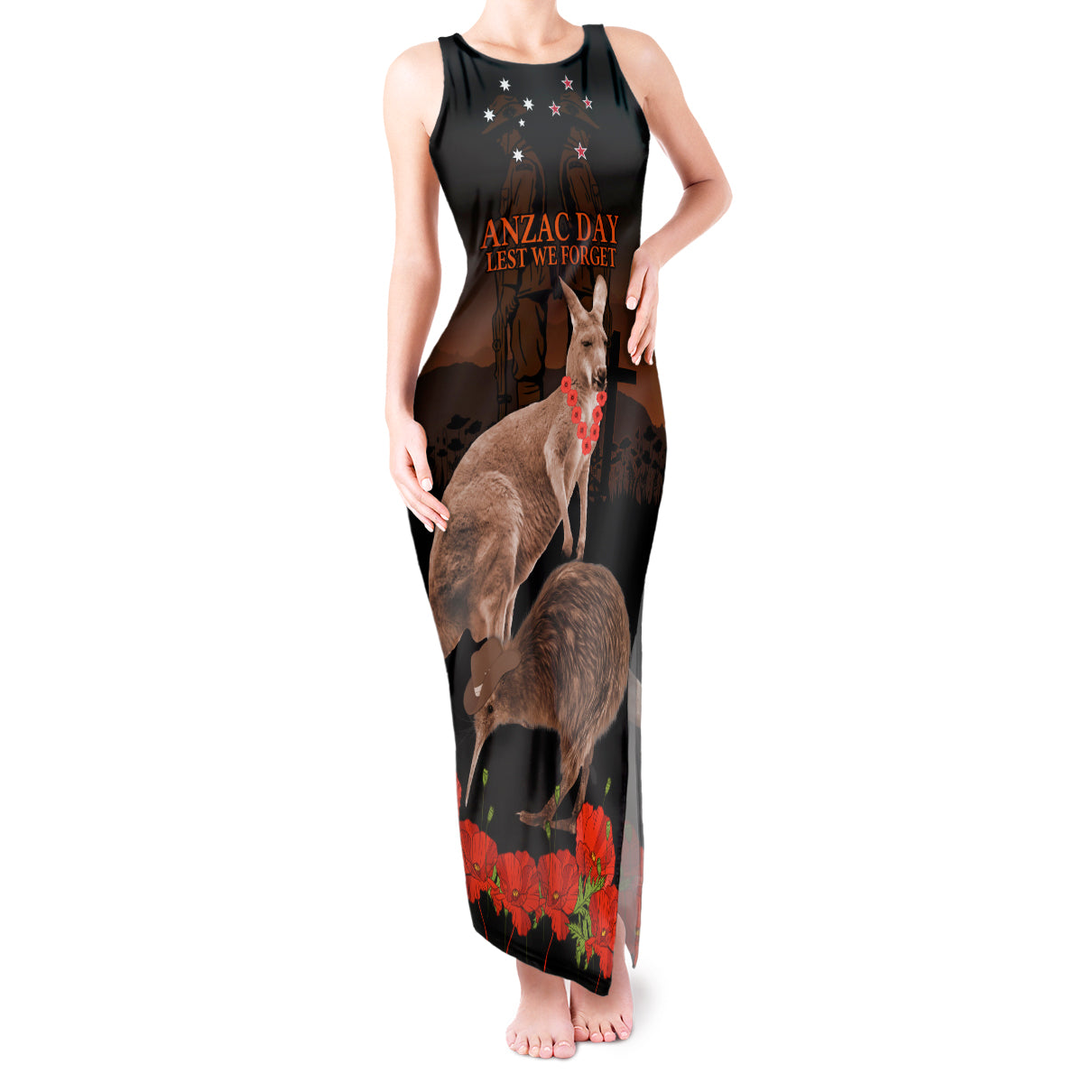 Kangaroo and Kiwi Bird ANZAC Day Custom Tank Maxi Dress Soldier Style LT9 Women Black - Polynesian Pride