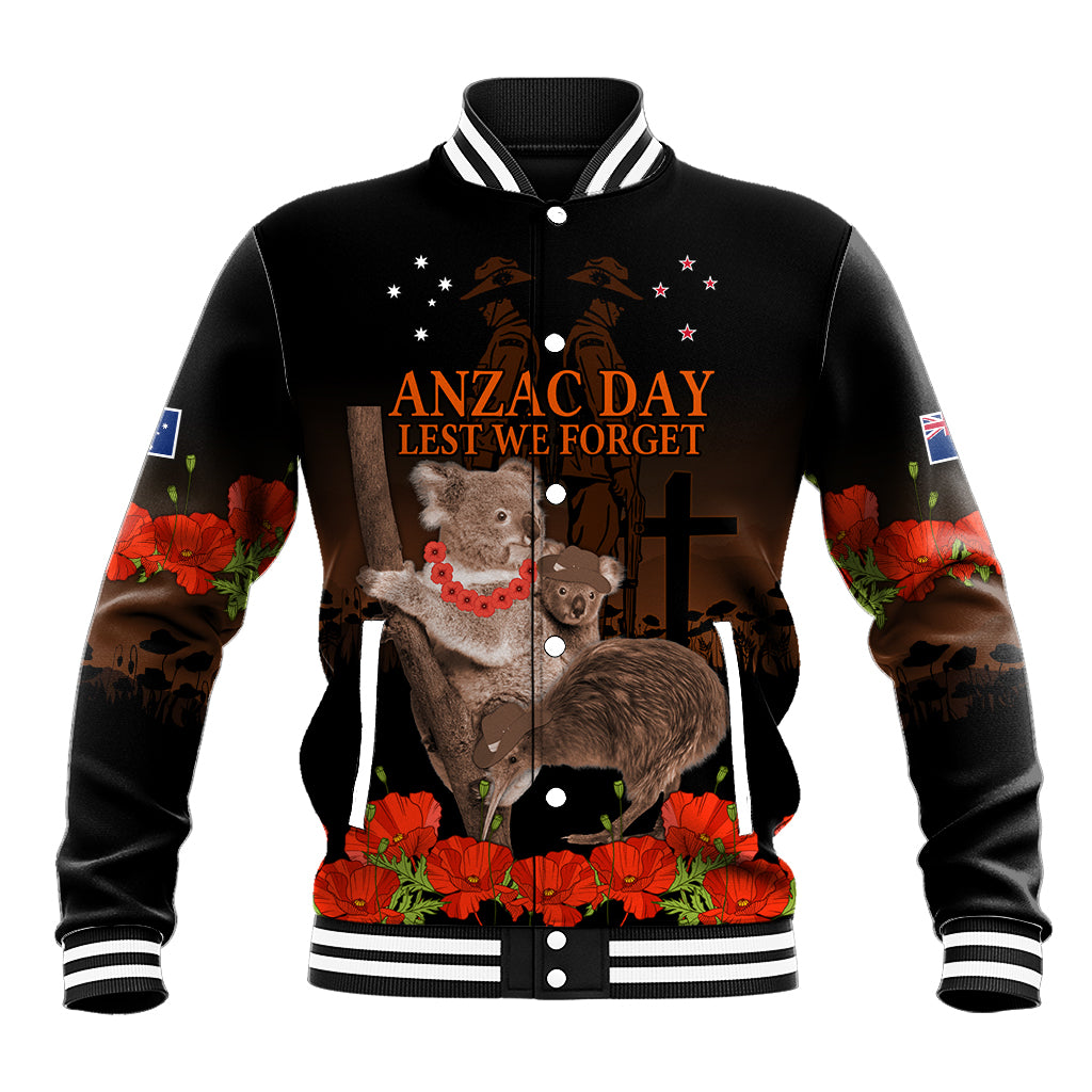 Koala and Kiwi Bird ANZAC Day Custom Baseball Jacket Soldier Style LT9 Unisex Black - Polynesian Pride