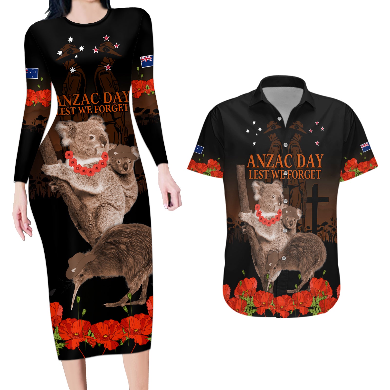 Koala and Kiwi Bird ANZAC Day Custom Couples Matching Long Sleeve Bodycon Dress and Hawaiian Shirt Soldier Style LT9 Black - Polynesian Pride