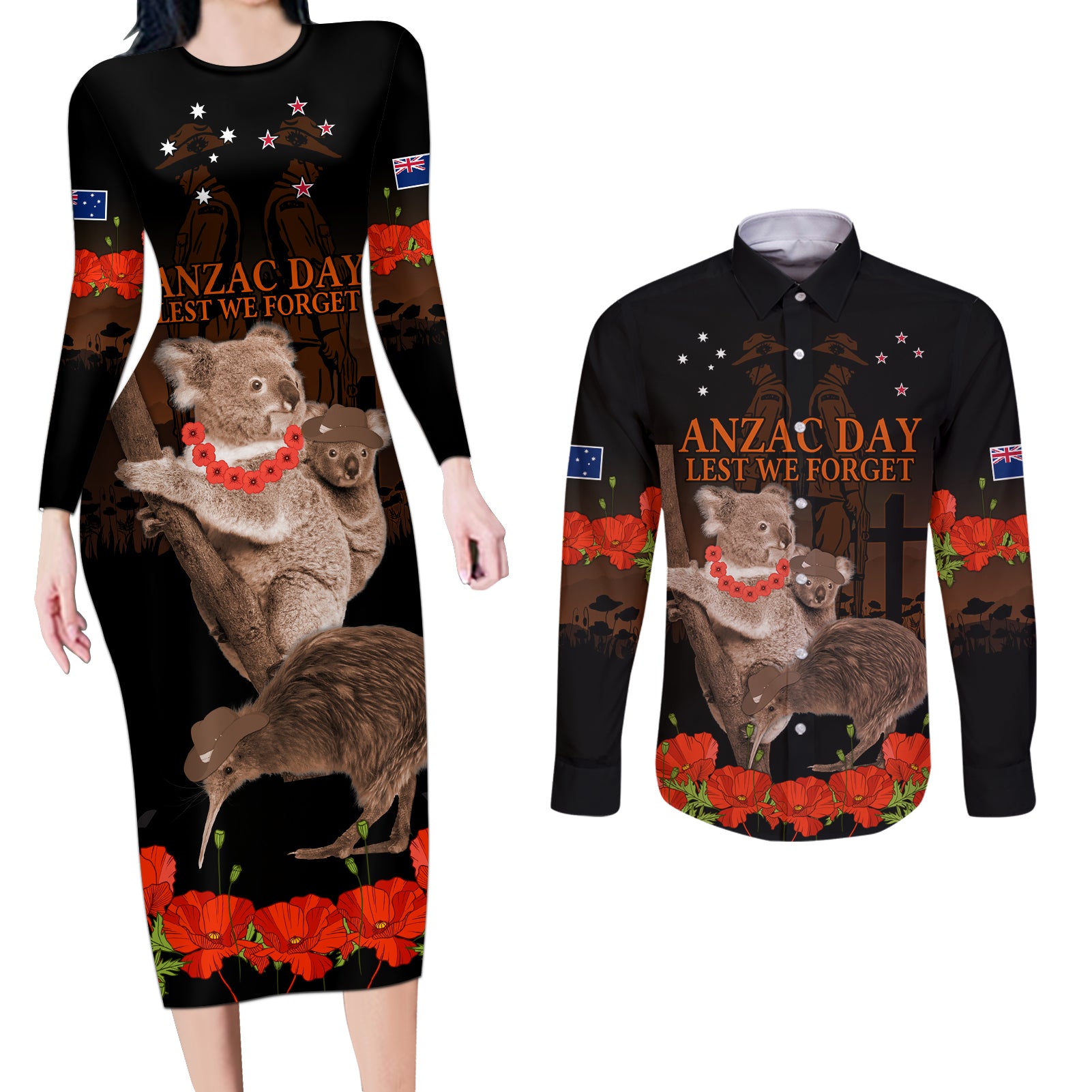 Koala and Kiwi Bird ANZAC Day Custom Couples Matching Long Sleeve Bodycon Dress and Long Sleeve Button Shirt Soldier Style LT9 Black - Polynesian Pride