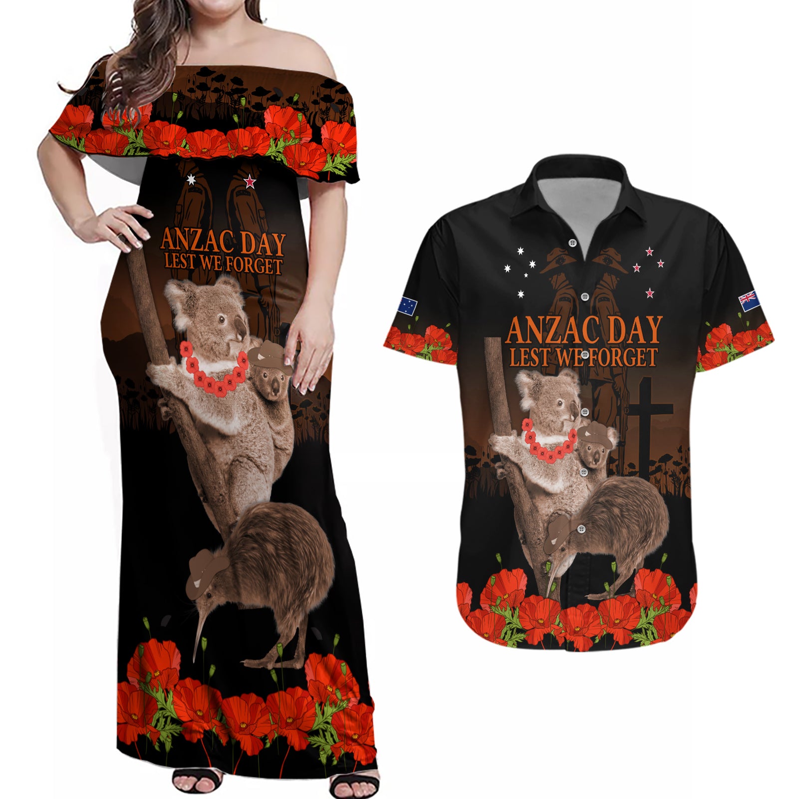 Koala and Kiwi Bird ANZAC Day Custom Couples Matching Off Shoulder Maxi Dress and Hawaiian Shirt Soldier Style LT9 Black - Polynesian Pride