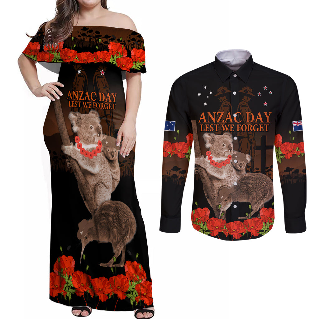 Koala and Kiwi Bird ANZAC Day Custom Couples Matching Off Shoulder Maxi Dress and Long Sleeve Button Shirt Soldier Style LT9 Black - Polynesian Pride