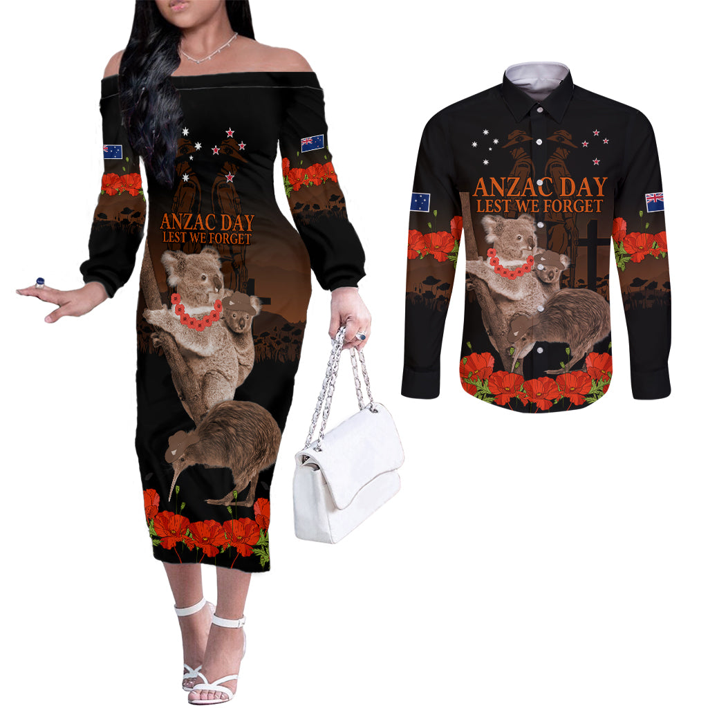 Koala and Kiwi Bird ANZAC Day Custom Couples Matching Off The Shoulder Long Sleeve Dress and Long Sleeve Button Shirt Soldier Style LT9 Black - Polynesian Pride