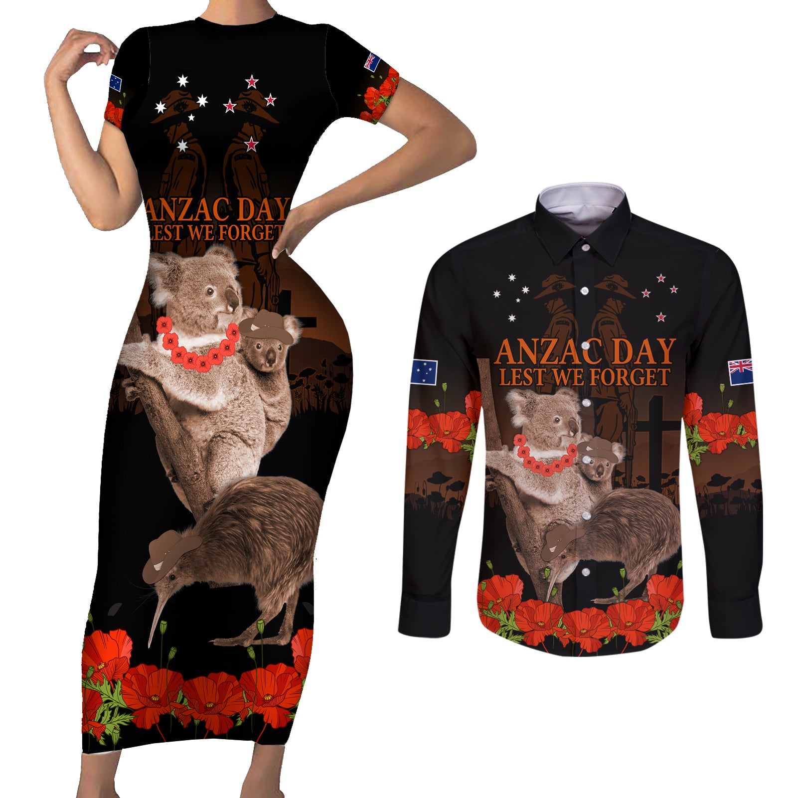 Koala and Kiwi Bird ANZAC Day Custom Couples Matching Short Sleeve Bodycon Dress and Long Sleeve Button Shirt Soldier Style LT9 Black - Polynesian Pride