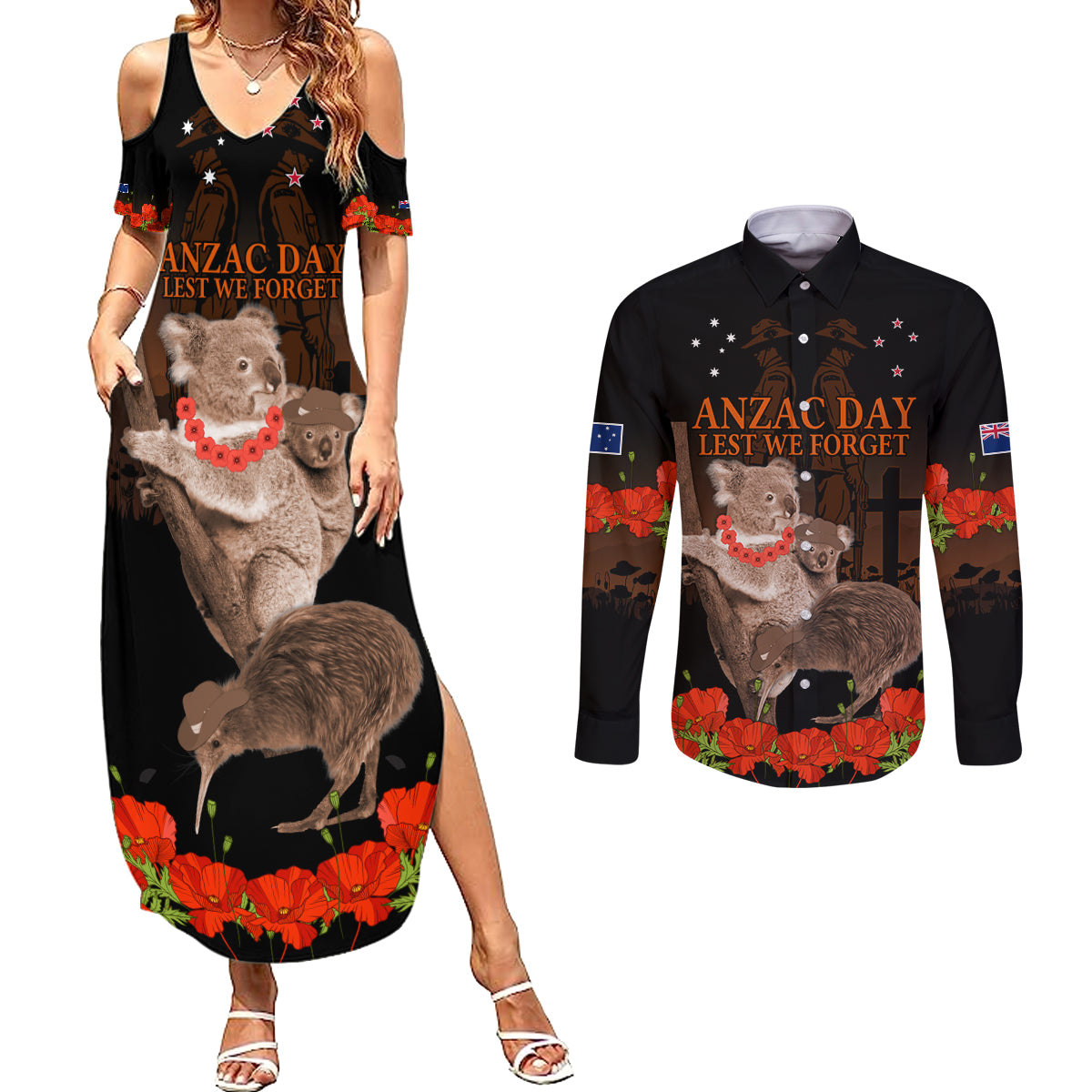 Koala and Kiwi Bird ANZAC Day Custom Couples Matching Summer Maxi Dress and Long Sleeve Button Shirt Soldier Style LT9 Black - Polynesian Pride