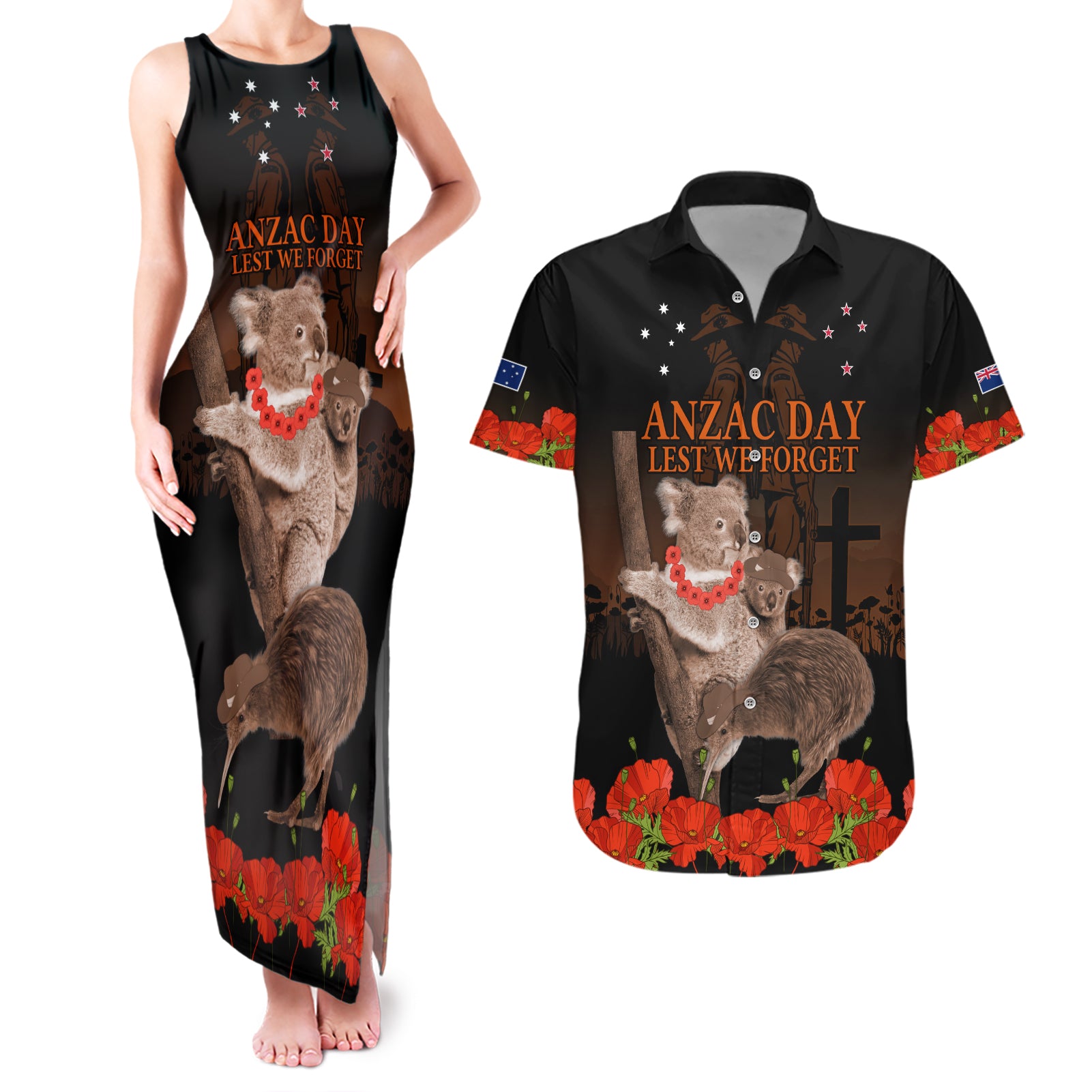 Koala and Kiwi Bird ANZAC Day Custom Couples Matching Tank Maxi Dress and Hawaiian Shirt Soldier Style LT9 Black - Polynesian Pride