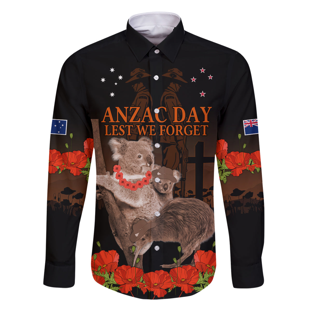 Koala and Kiwi Bird ANZAC Day Custom Family Matching Long Sleeve Bodycon Dress and Hawaiian Shirt Soldier Style LT9 Dad's Shirt - Long Sleeve Black - Polynesian Pride