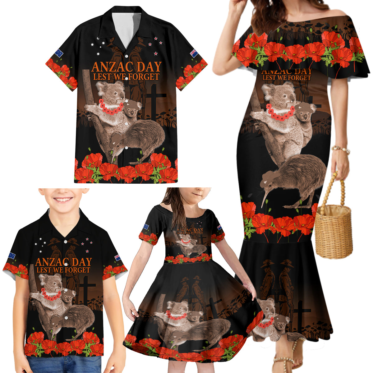 Koala and Kiwi Bird ANZAC Day Custom Family Matching Mermaid Dress and Hawaiian Shirt Soldier Style LT9 - Polynesian Pride