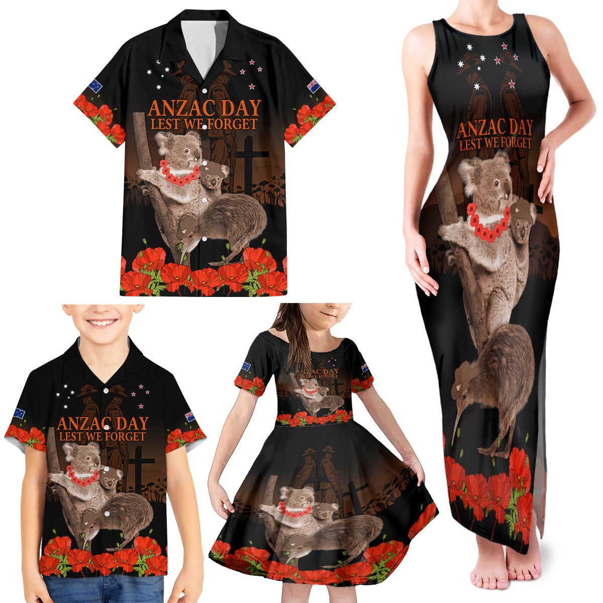 Koala and Kiwi Bird ANZAC Day Custom Family Matching Tank Maxi Dress and Hawaiian Shirt Soldier Style LT9 - Polynesian Pride