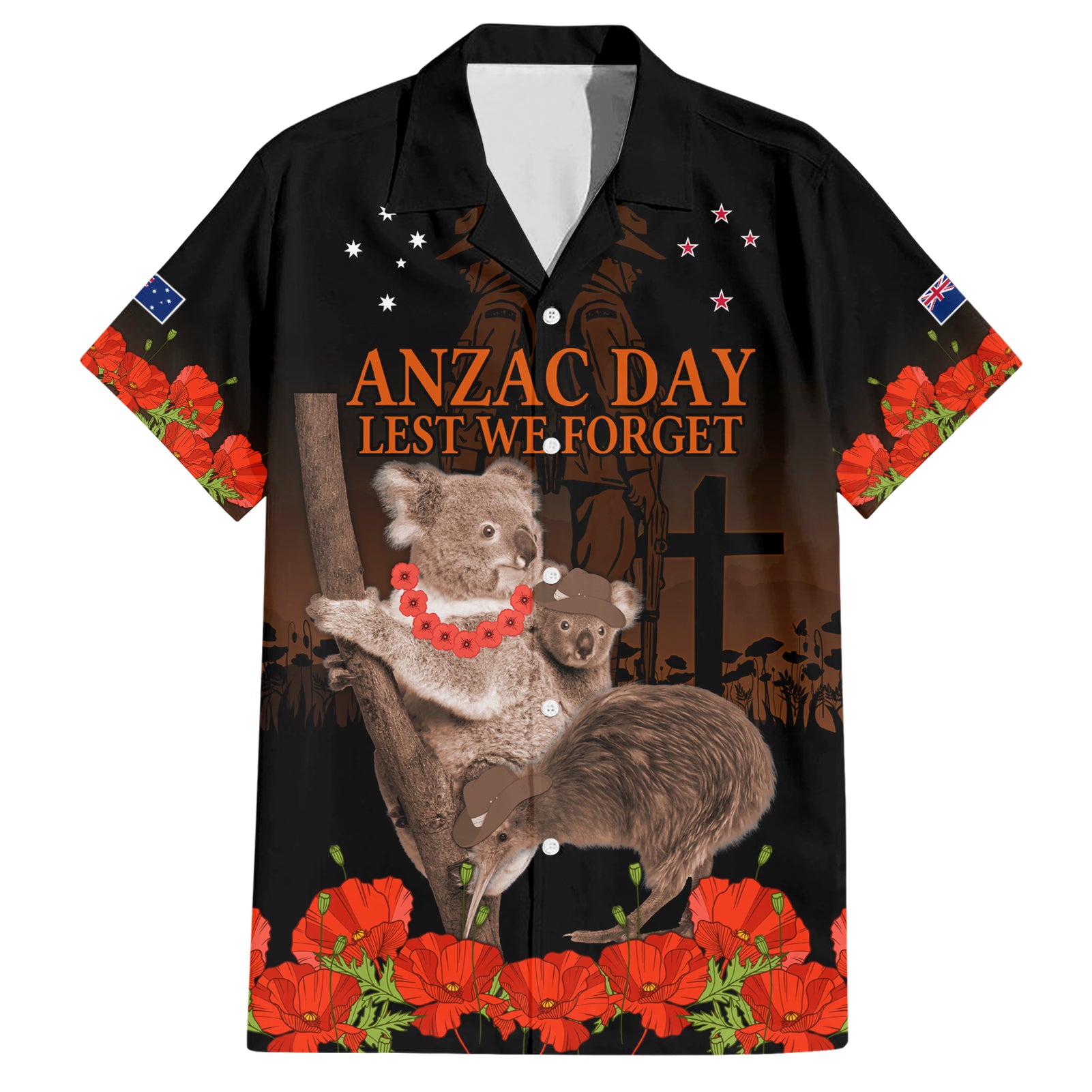 Koala and Kiwi Bird ANZAC Day Custom Hawaiian Shirt Soldier Style LT9 Black - Polynesian Pride