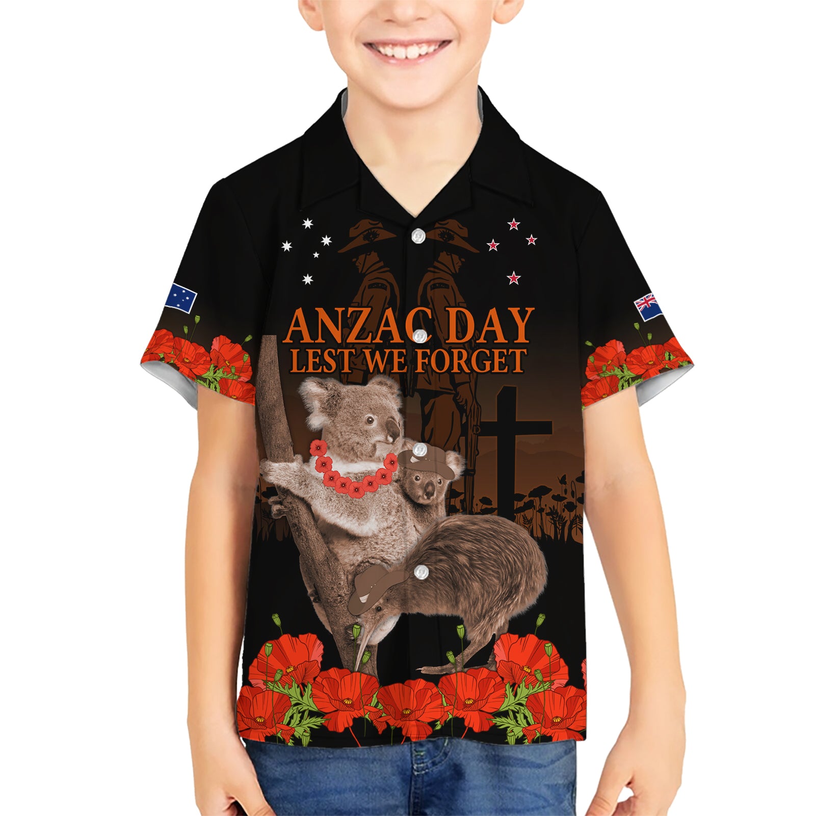 Koala and Kiwi Bird ANZAC Day Custom Kid Hawaiian Shirt Soldier Style LT9 Kid Black - Polynesian Pride