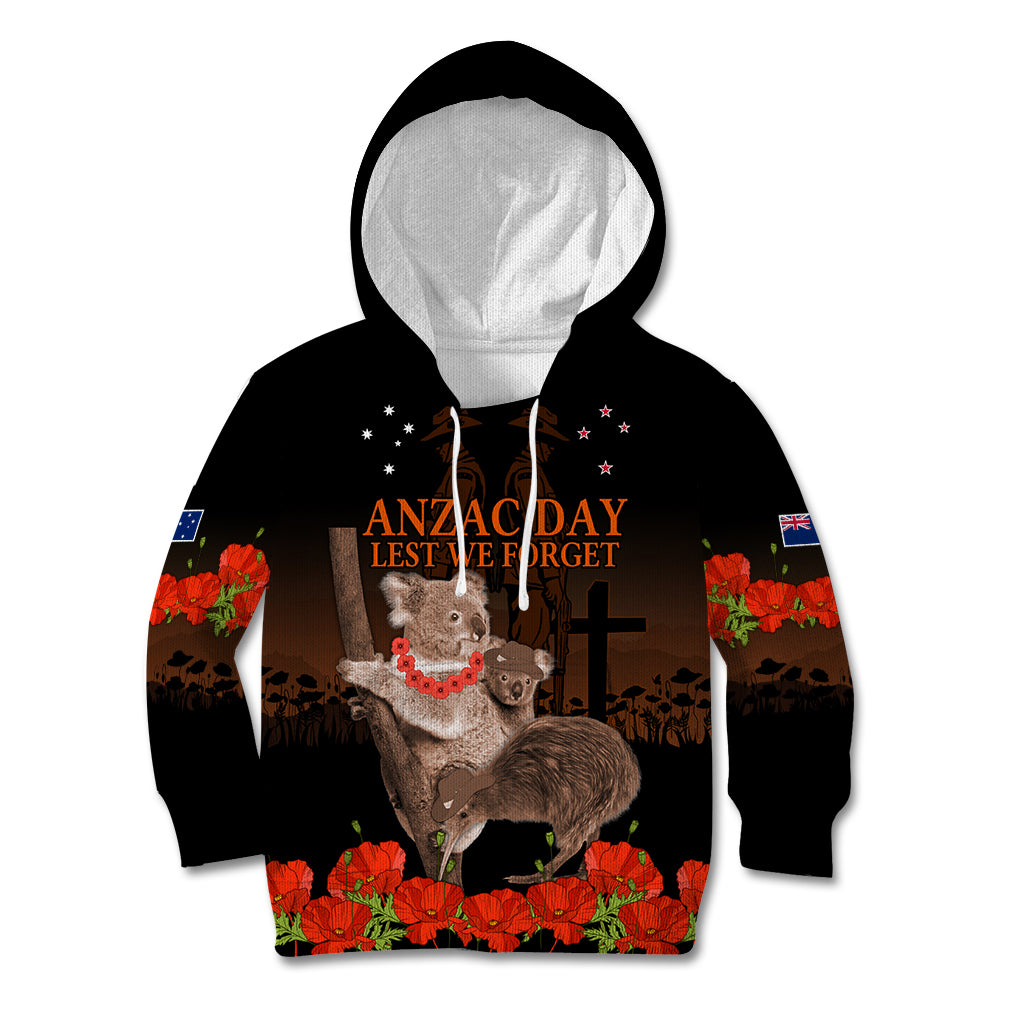 Koala and Kiwi Bird ANZAC Day Custom Kid Hoodie Soldier Style LT9 Hoodie Black - Polynesian Pride