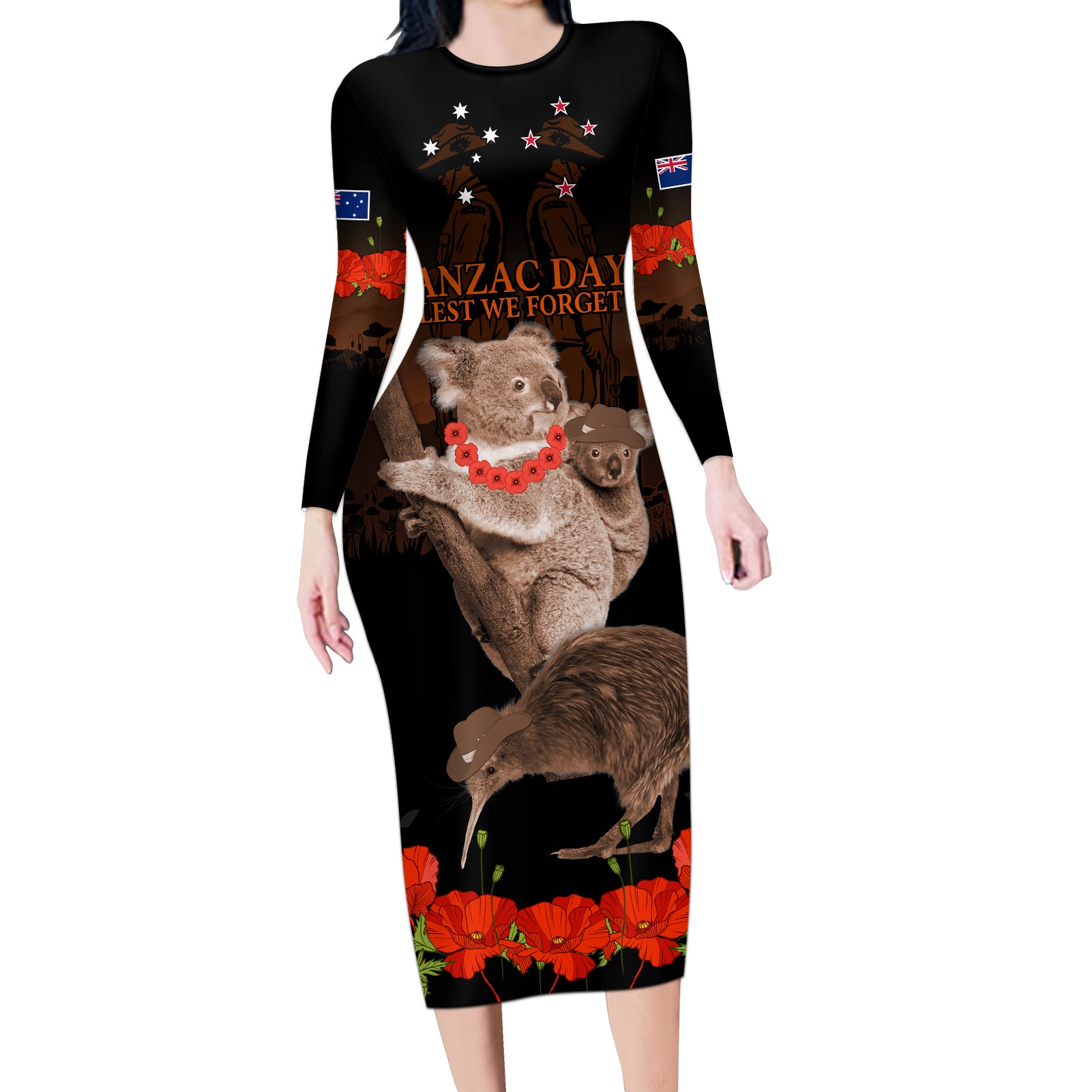 Koala and Kiwi Bird ANZAC Day Custom Long Sleeve Bodycon Dress Soldier Style LT9 Long Dress Black - Polynesian Pride