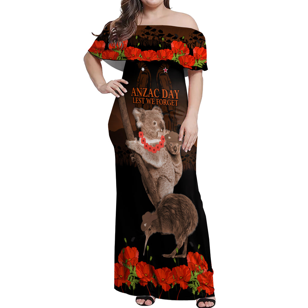 Koala and Kiwi Bird ANZAC Day Custom Off Shoulder Maxi Dress Soldier Style LT9 Women Black - Polynesian Pride