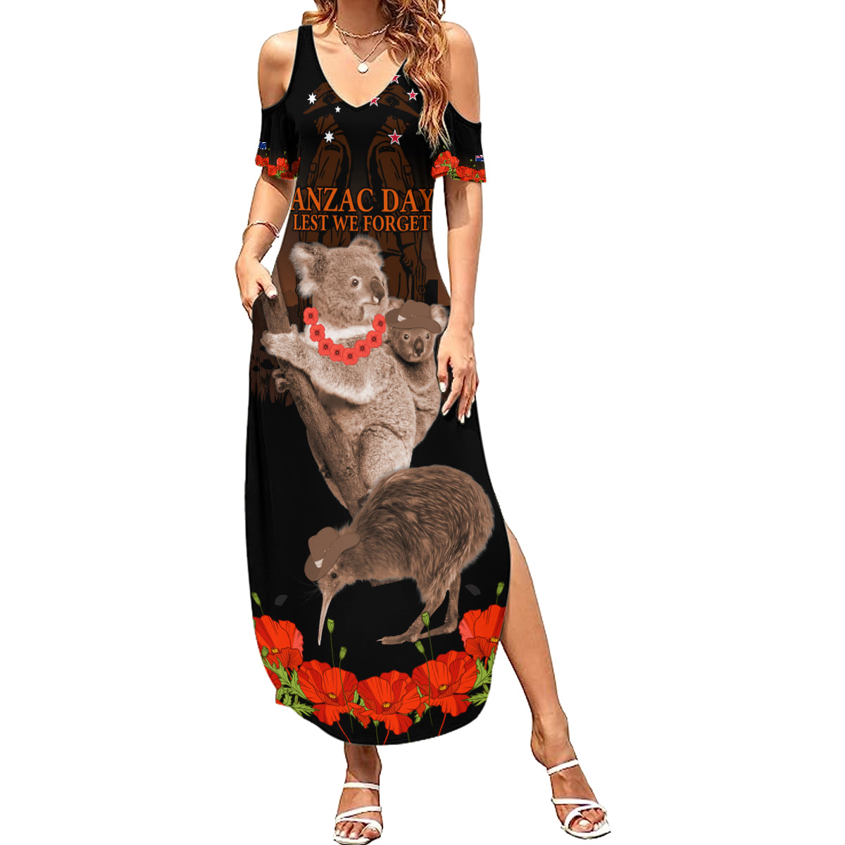 Koala and Kiwi Bird ANZAC Day Custom Summer Maxi Dress Soldier Style LT9 Women Black - Polynesian Pride