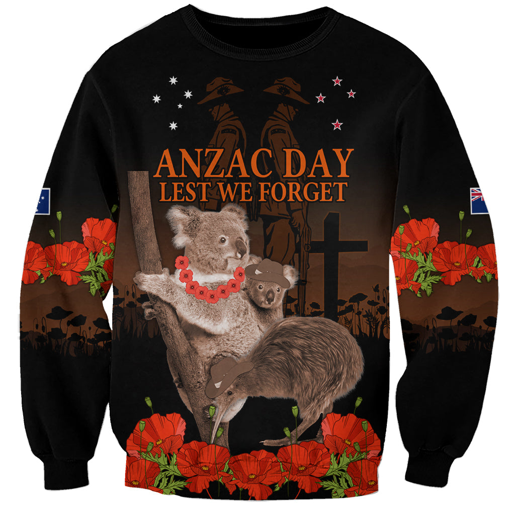 Koala and Kiwi Bird ANZAC Day Custom Sweatshirt Soldier Style LT9 Unisex Black - Polynesian Pride