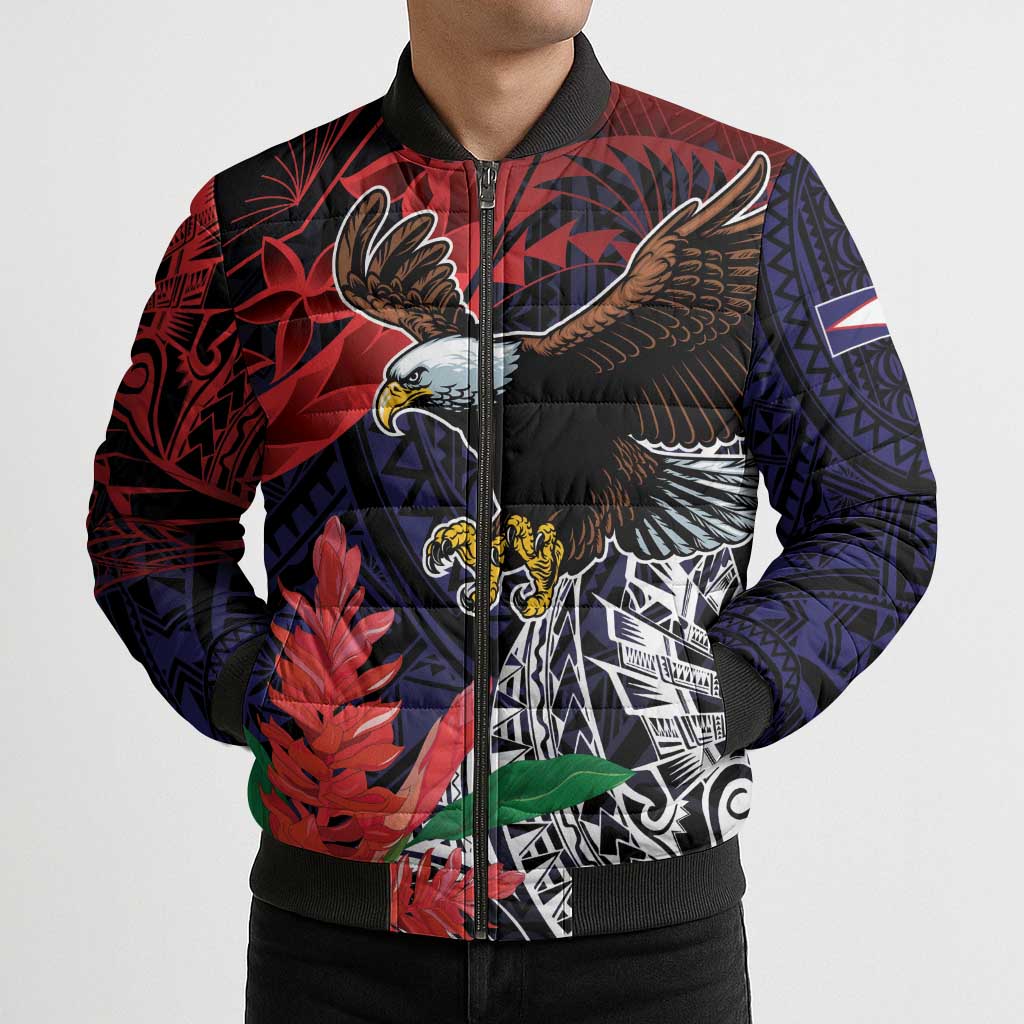 American Samoa Bald Eagle Personalized Bomber Puffer Jacket Samoa Muamua Le Atua - Polynesian Pride
