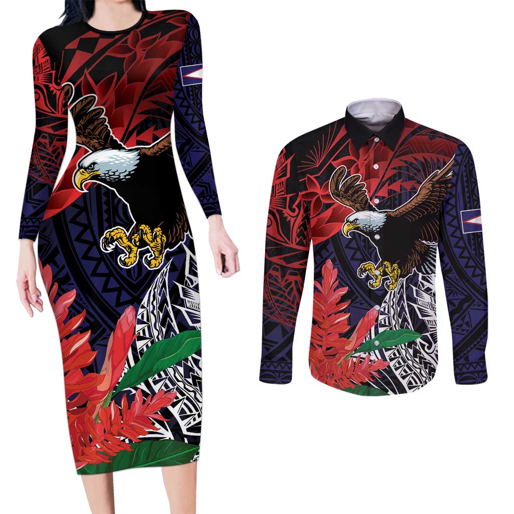 American Samoa Bald Eagle Personalized Couples Matching Long Sleeve Bodycon Dress and Long Sleeve Button Shirt Samoa Muamua Le Atua