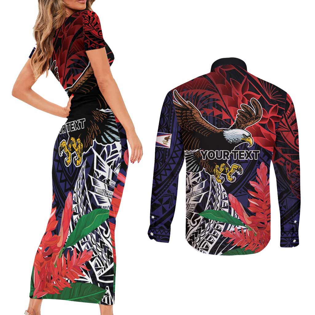 American Samoa Bald Eagle Personalized Couples Matching Short Sleeve Bodycon Dress and Long Sleeve Button Shirt Samoa Muamua Le Atua