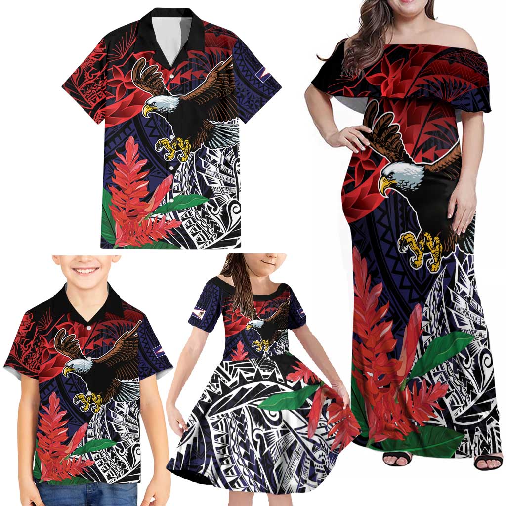 American Samoa Bald Eagle Personalized Family Matching Off Shoulder Maxi Dress and Hawaiian Shirt Samoa Muamua Le Atua