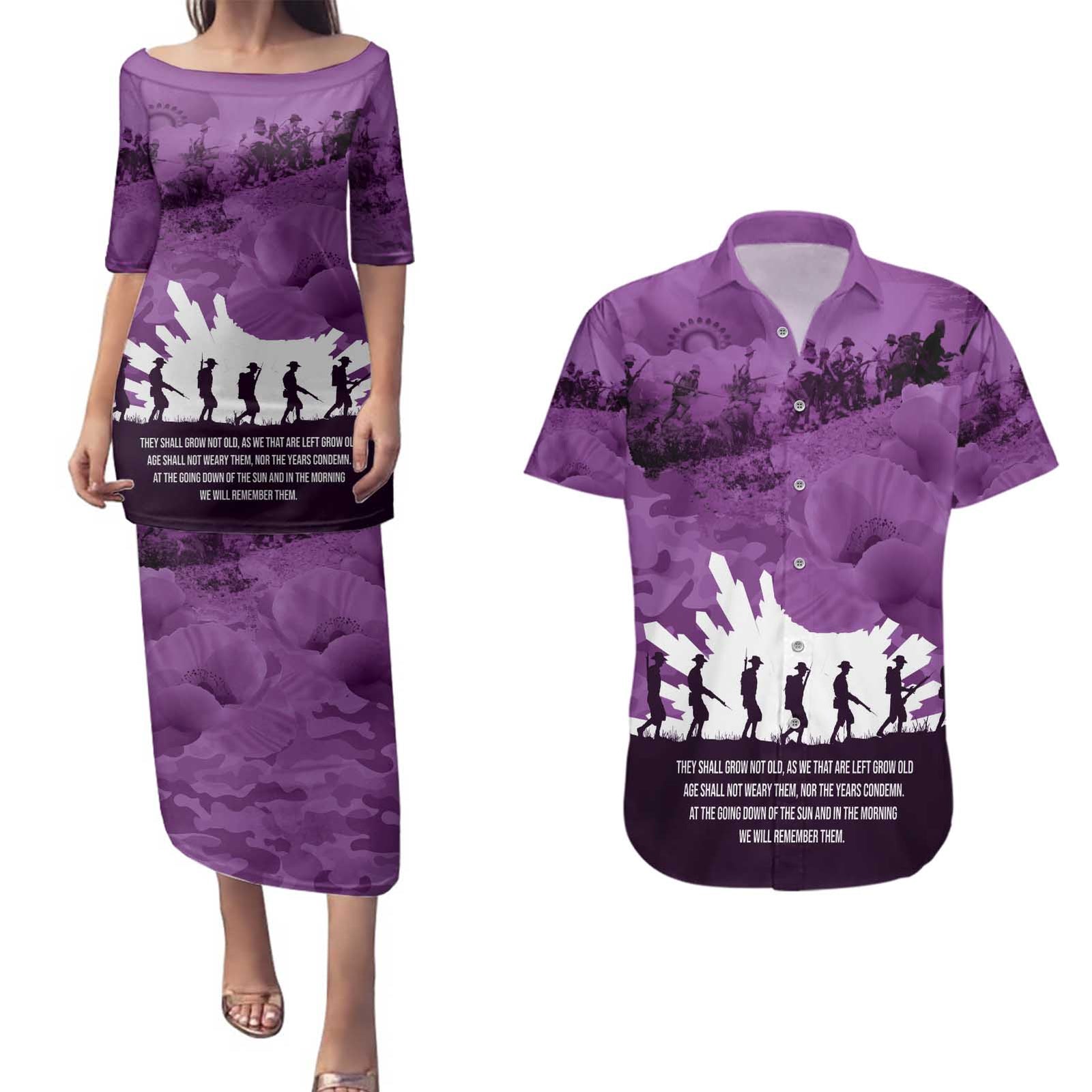 Anzac Day Gallipoli Personalised Couples Matching Puletasi and Hawaiian Shirt Purple Poppy Flowers LT9 Purple - Polynesian Pride