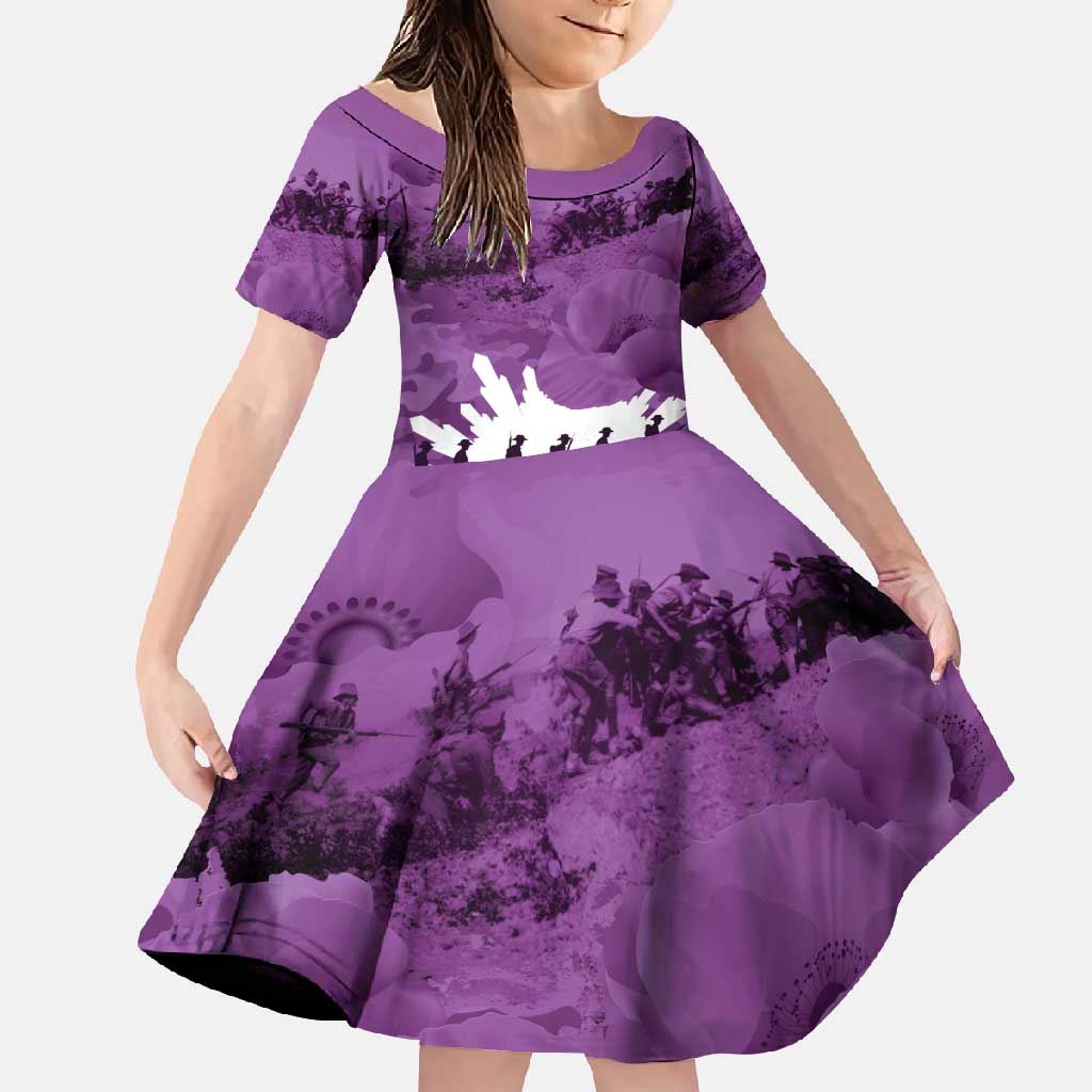 Anzac Day Gallipoli Personalised Family Matching Off Shoulder Maxi Dress and Hawaiian Shirt Purple Poppy Flowers
