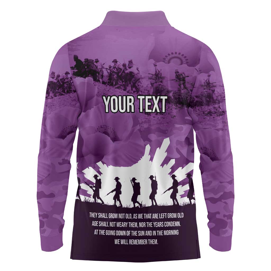 Anzac Day Gallipoli Personalised Long Sleeve Polo Shirt Purple Poppy Flowers