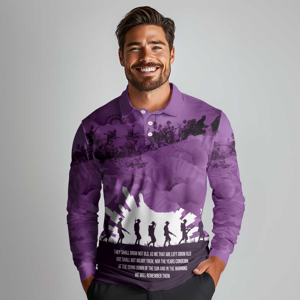 Anzac Day Gallipoli Personalised Long Sleeve Polo Shirt Purple Poppy Flowers