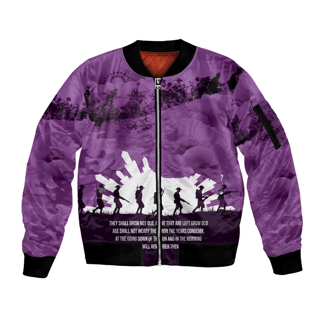 Anzac Day Gallipoli Personalised Sleeve Zip Bomber Jacket Purple Poppy Flowers