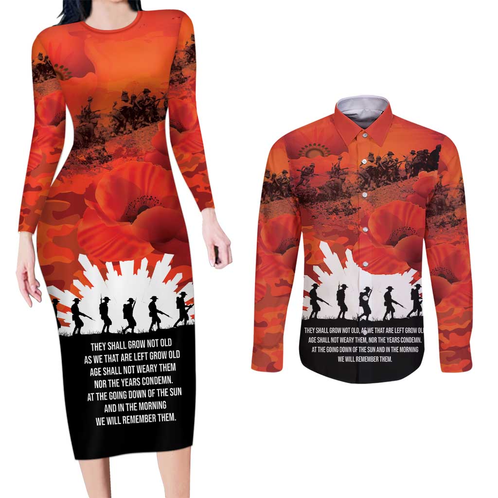 Anzac Day Gallipoli Personalised Couples Matching Long Sleeve Bodycon Dress and Long Sleeve Button Shirt Red Poppy Flowers LT9 Red - Polynesian Pride