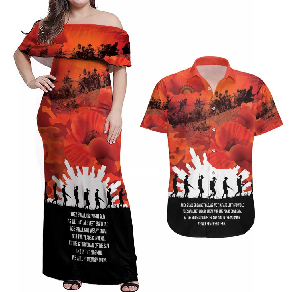 Anzac Day Gallipoli Personalised Couples Matching Off Shoulder Maxi Dress and Hawaiian Shirt Red Poppy Flowers LT9 Red - Polynesian Pride
