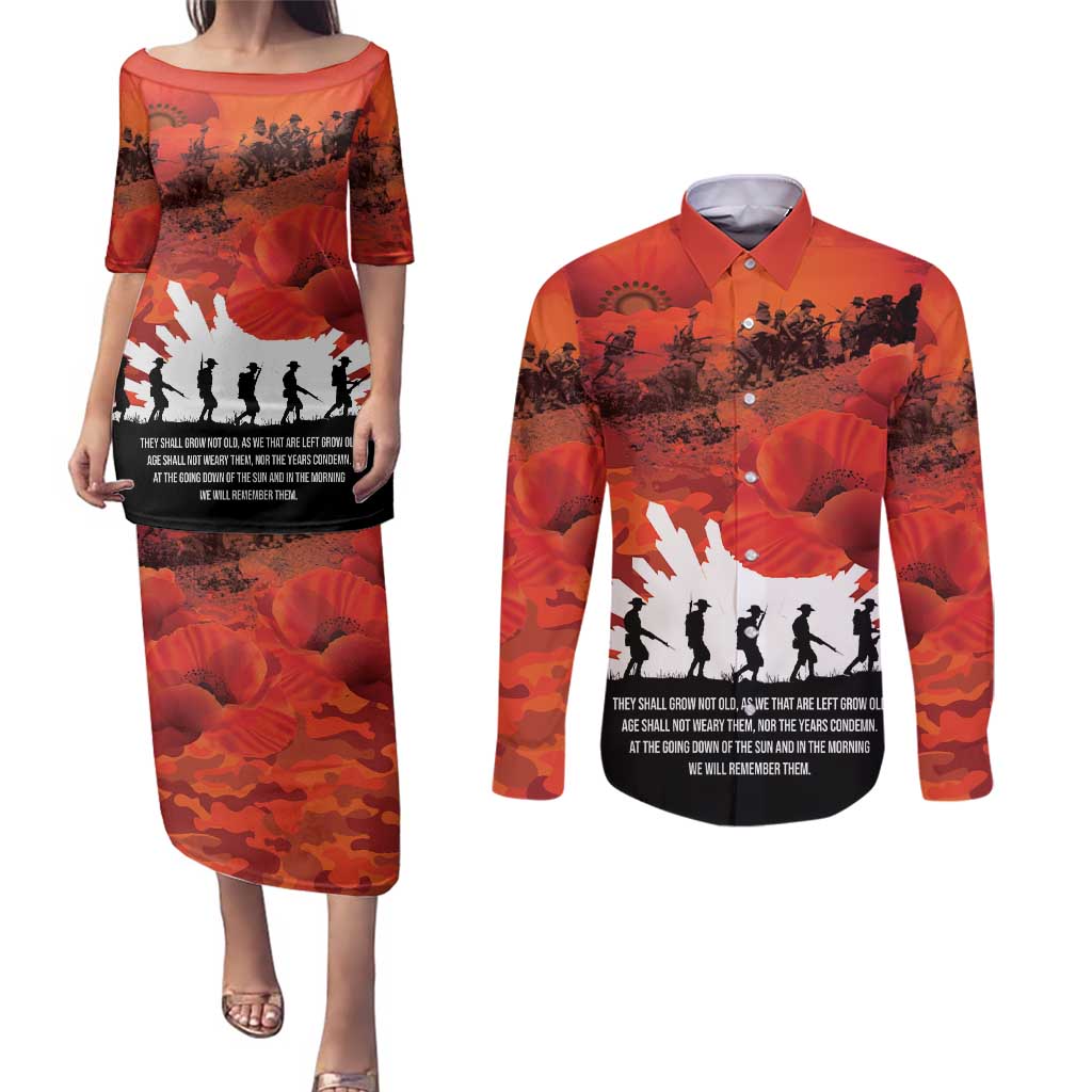 Anzac Day Gallipoli Personalised Couples Matching Puletasi and Long Sleeve Button Shirt Red Poppy Flowers LT9 Red - Polynesian Pride
