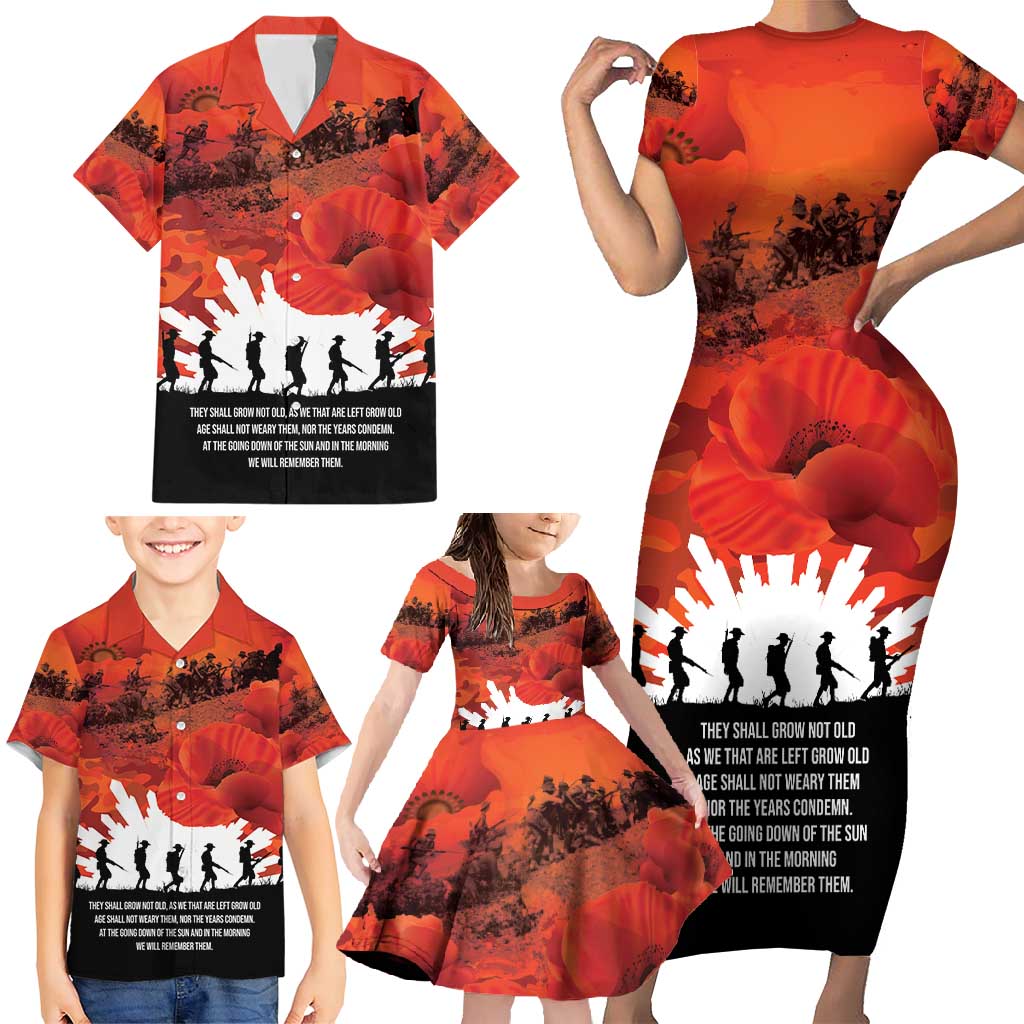 Anzac Day Gallipoli Personalised Family Matching Short Sleeve Bodycon Dress and Hawaiian Shirt Red Poppy Flowers
