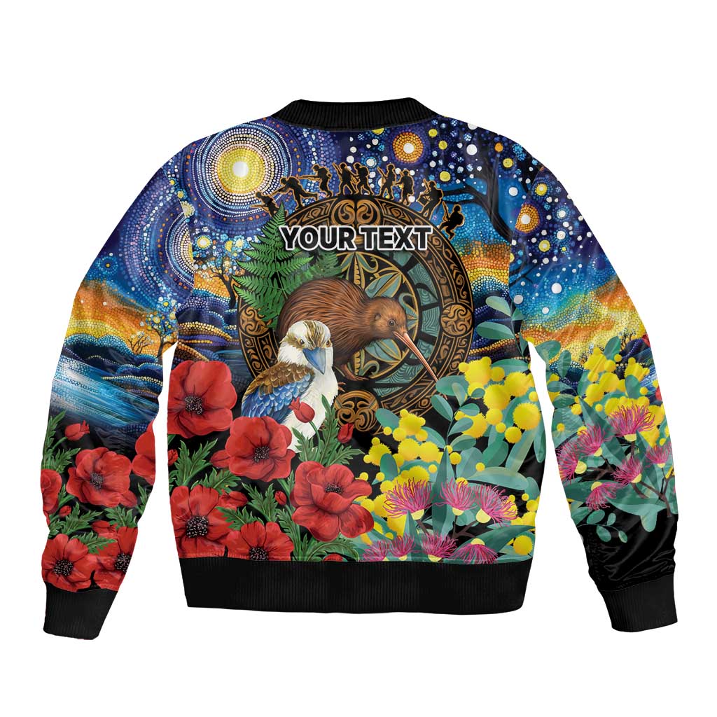 Kiwi-Kookaburra Bird ANZAC Personalised Bomber Jacket Aussie Golden Wattle Poppy Flowers
