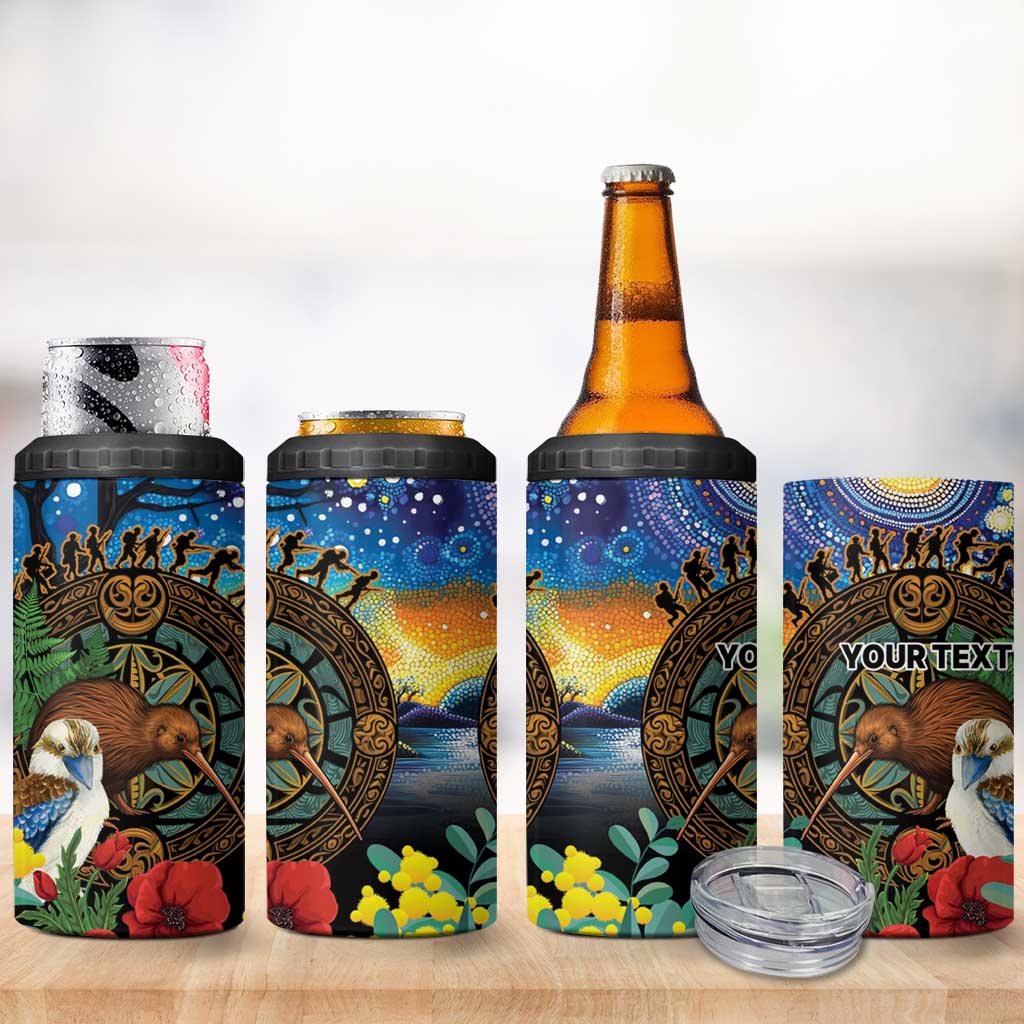 Kiwi-Kookaburra Bird ANZAC Personalised 4 in 1 Can Cooler Tumbler Aussie Golden Wattle Poppy Folowers