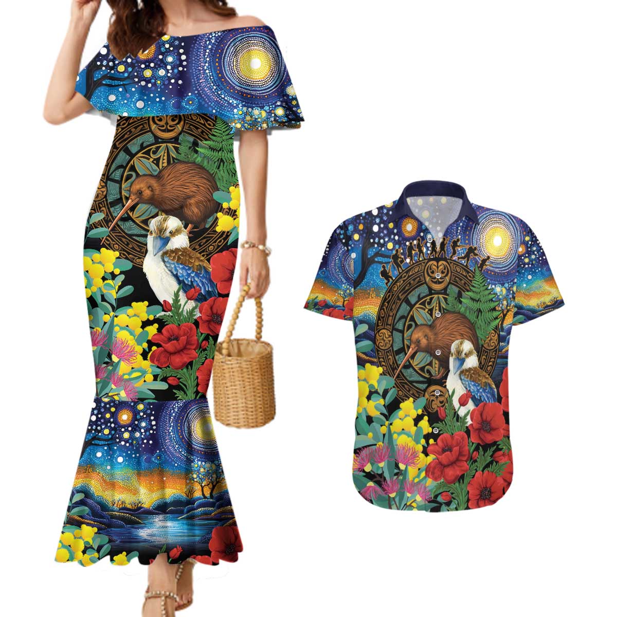 Kiwi-Kookaburra Bird ANZAC Personalised Couples Matching Mermaid Dress and Hawaiian Shirt Aussie Golden Wattle Poppy Flowers