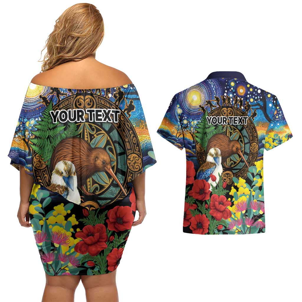 Kiwi-Kookaburra Bird ANZAC Personalised Couples Matching Off Shoulder Short Dress and Hawaiian Shirt Aussie Golden Wattle Poppy Flowers