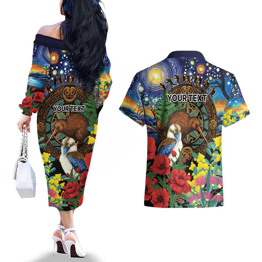 Kiwi-Kookaburra Bird ANZAC Personalised Couples Matching Off The Shoulder Long Sleeve Dress and Hawaiian Shirt Aussie Golden Wattle Poppy Flowers