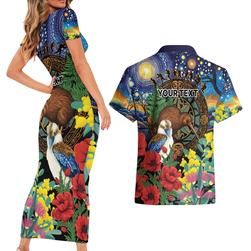 Kiwi-Kookaburra Bird ANZAC Personalised Couples Matching Short Sleeve Bodycon Dress and Hawaiian Shirt Aussie Golden Wattle Poppy Flowers
