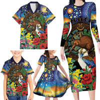 Kiwi-Kookaburra Bird ANZAC Personalised Family Matching Long Sleeve Bodycon Dress and Hawaiian Shirt Aussie Golden Wattle Poppy Flowers